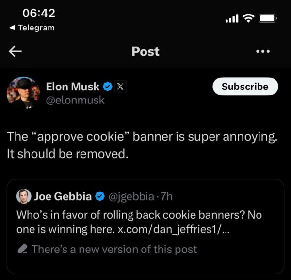 elon musk cookie banner tweet on X