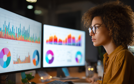 Professional analysing data dashboards on multiple monitors in an office environment.