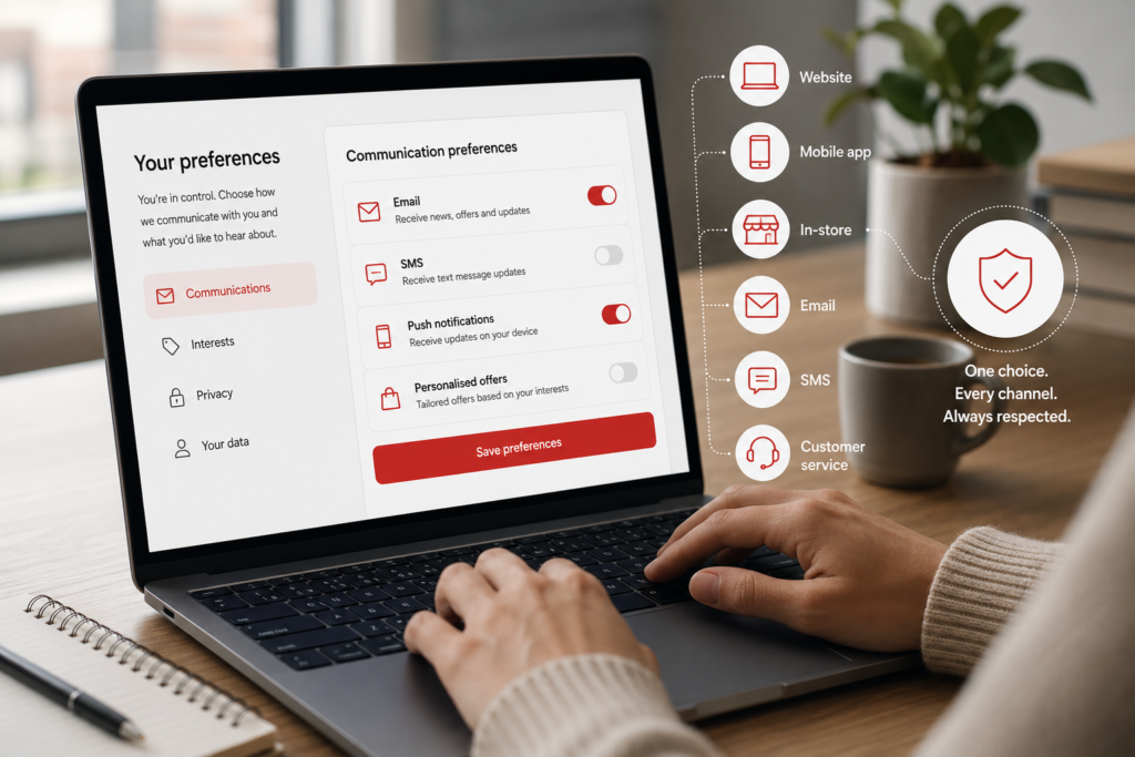Person managing communication preferences on a laptop with a customer preference center interface, illustrating consent management, omnichannel customer preferences, and personalized retail communications.