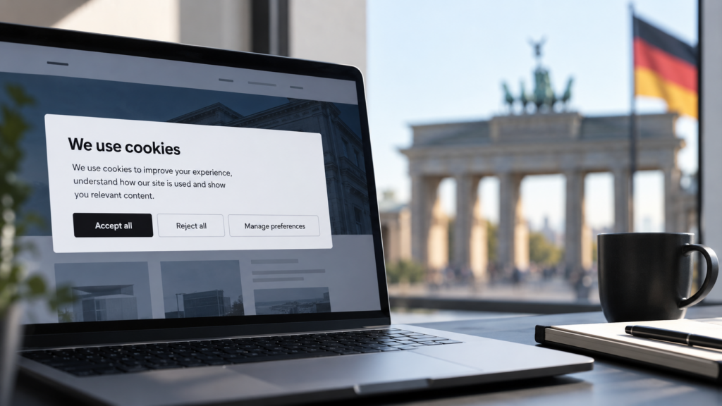 Laptop displaying a cookie consent banner with accept, reject and manage preferences options, set against the Brandenburg Gate and German flag in Berlin.
