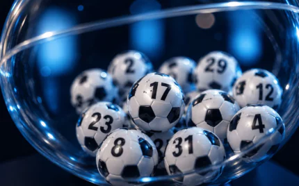 Numbered soccer ball draw inside a transparent bowl for sports betting or tournament selection.