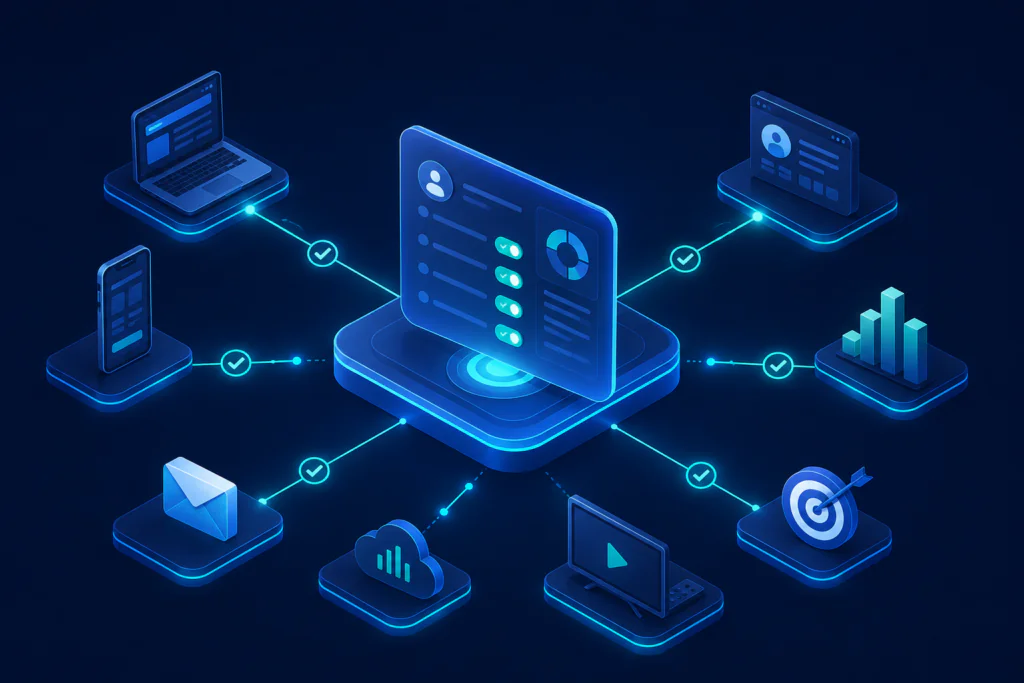 Illustration of a preference management platform synchronizing customer privacy preferences across websites, apps, CRM, email, analytics, advertising, and connected TV systems.