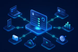 Illustration of a preference management platform synchronizing customer privacy preferences across websites, apps, CRM, email, analytics, advertising, and connected TV systems.