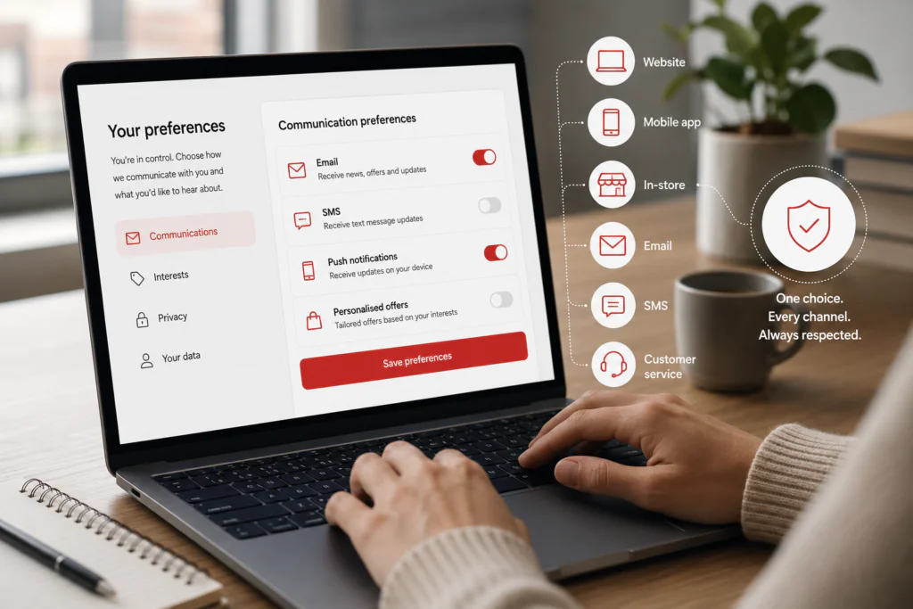 Person managing communication preferences on a laptop with a customer preference center interface, illustrating consent management, omnichannel customer preferences, and personalized retail communications.