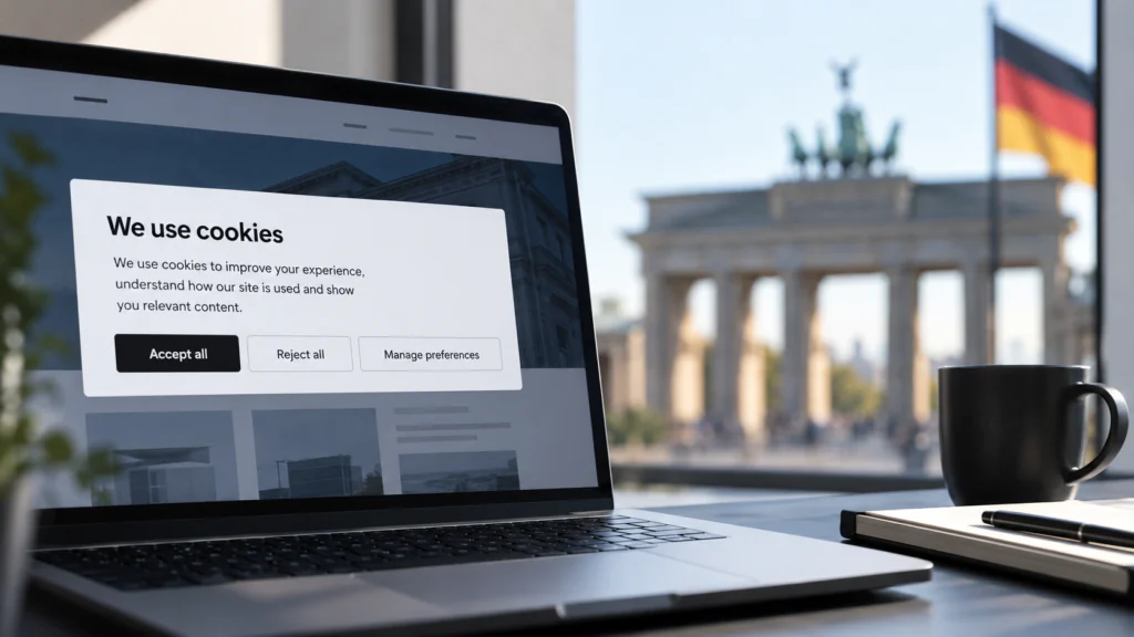 Laptop displaying a cookie consent banner with accept, reject and manage preferences options, set against the Brandenburg Gate and German flag in Berlin.