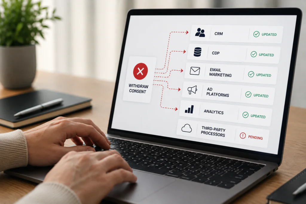 Consent withdrawal graphic showing a laptop screen with consent being withdrawn and the change flowing across CRM, CDP, email marketing, advertising, analytics, and third-party processing systems.